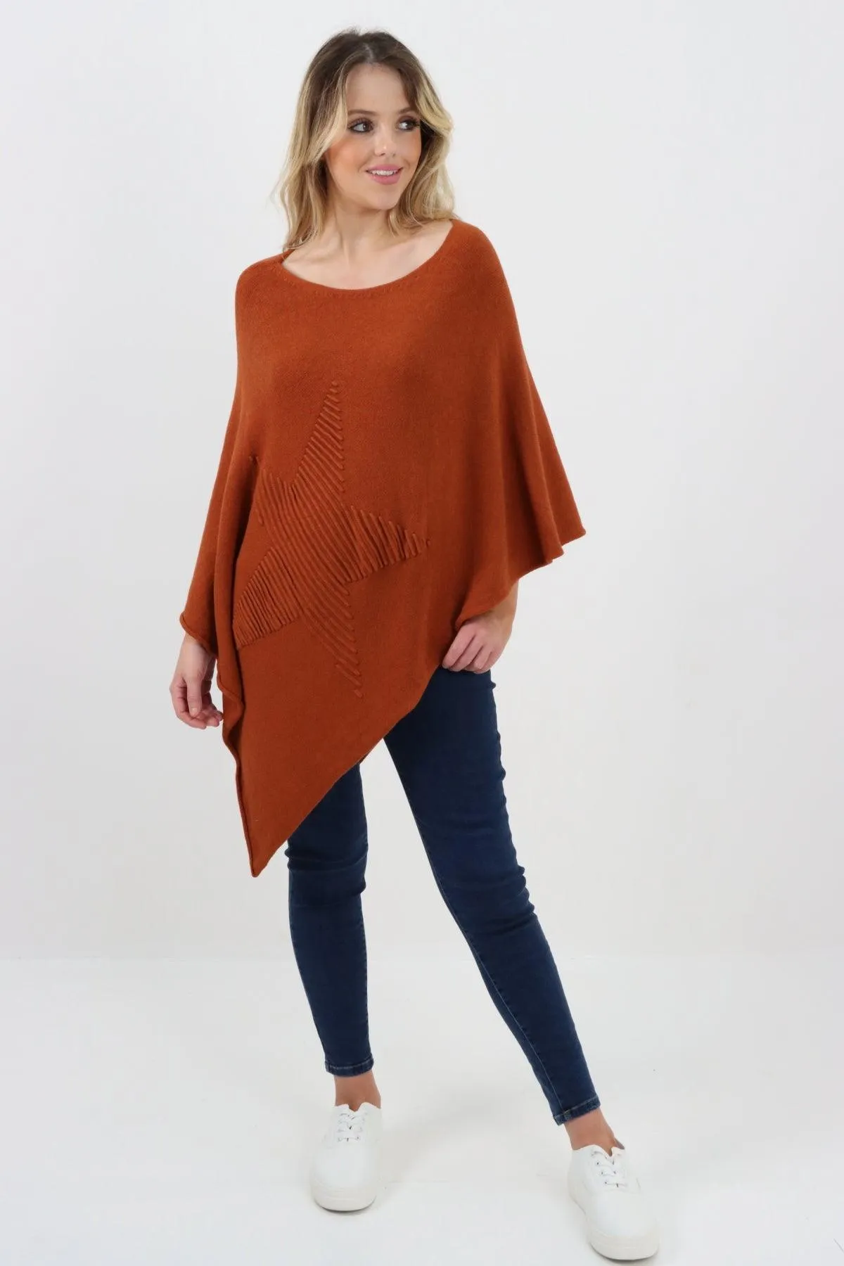 Made In Italy Star Ribbed Round Neck Poncho Top