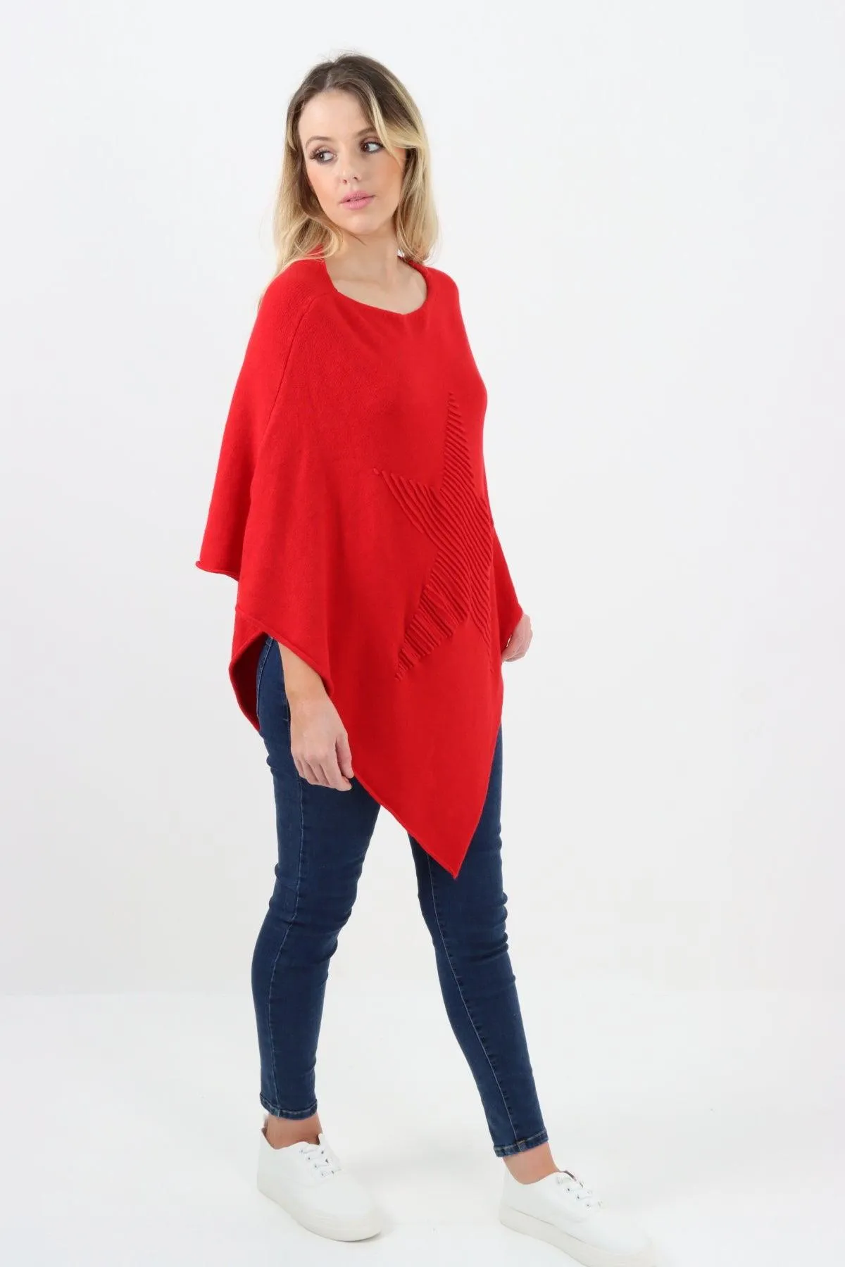 Made In Italy Star Ribbed Round Neck Poncho Top