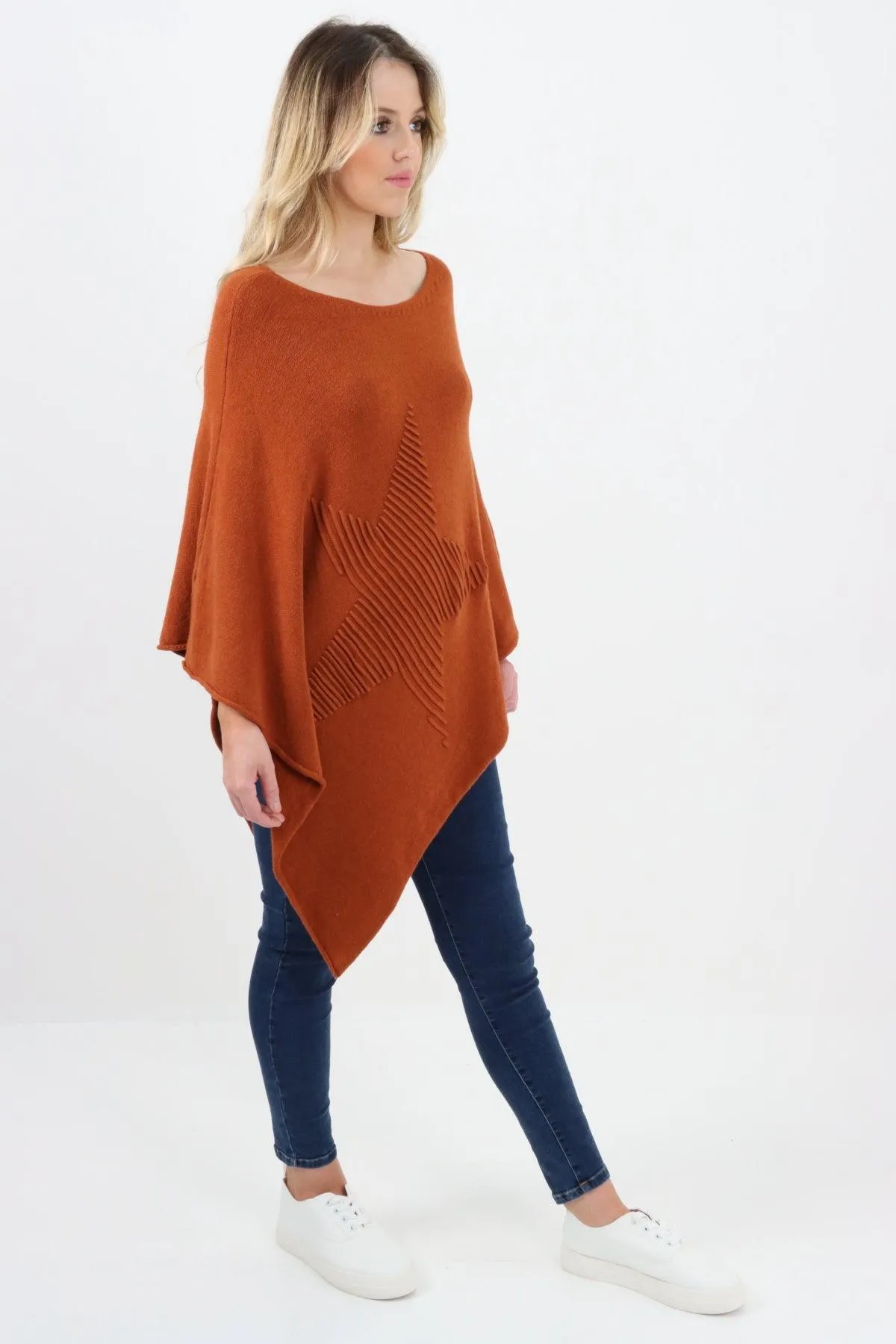 Made In Italy Star Ribbed Round Neck Poncho Top