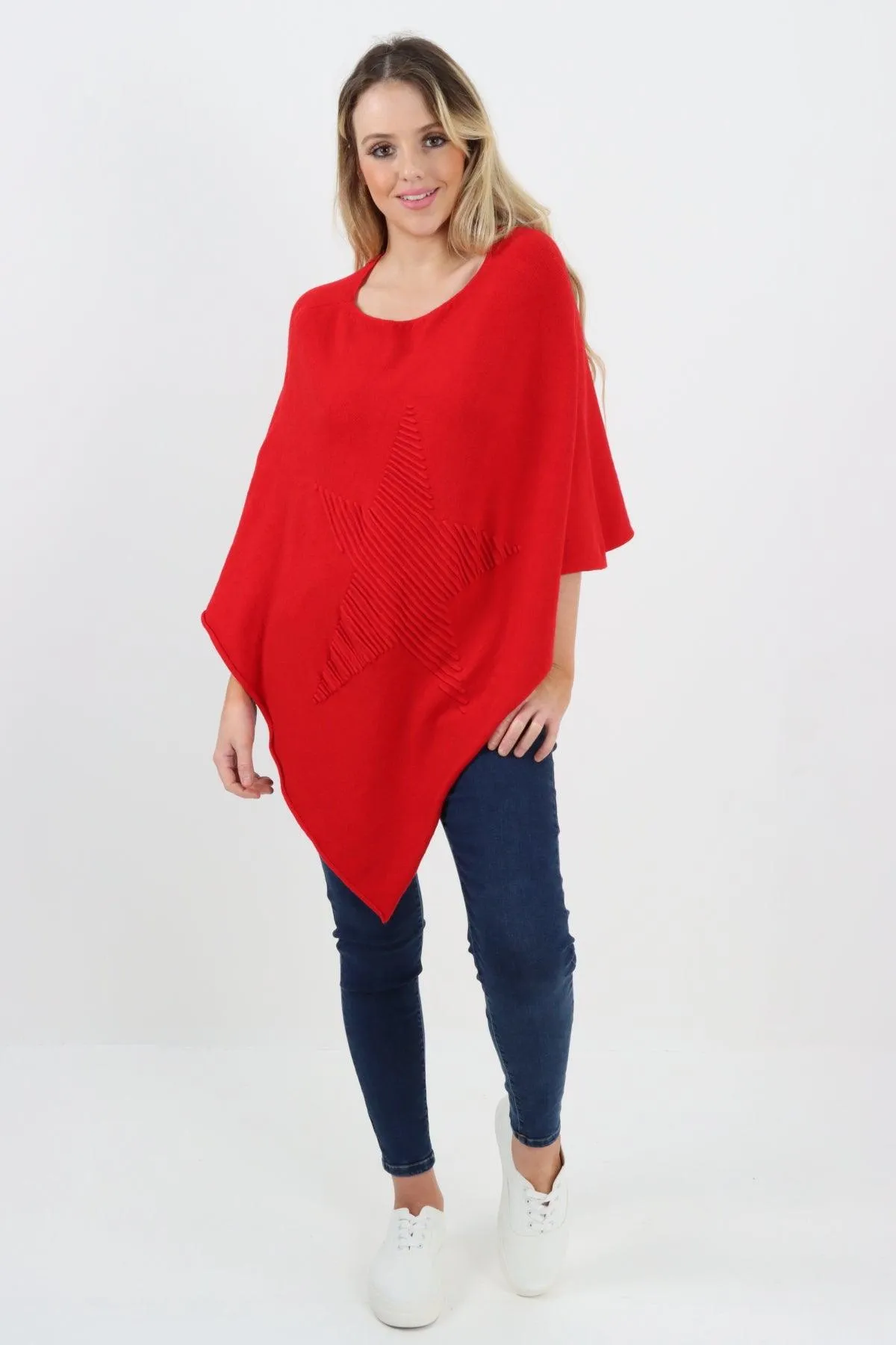 Made In Italy Star Ribbed Round Neck Poncho Top