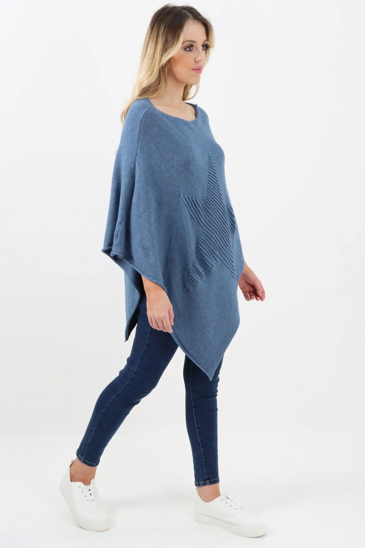 Made In Italy Star Ribbed Round Neck Poncho Top
