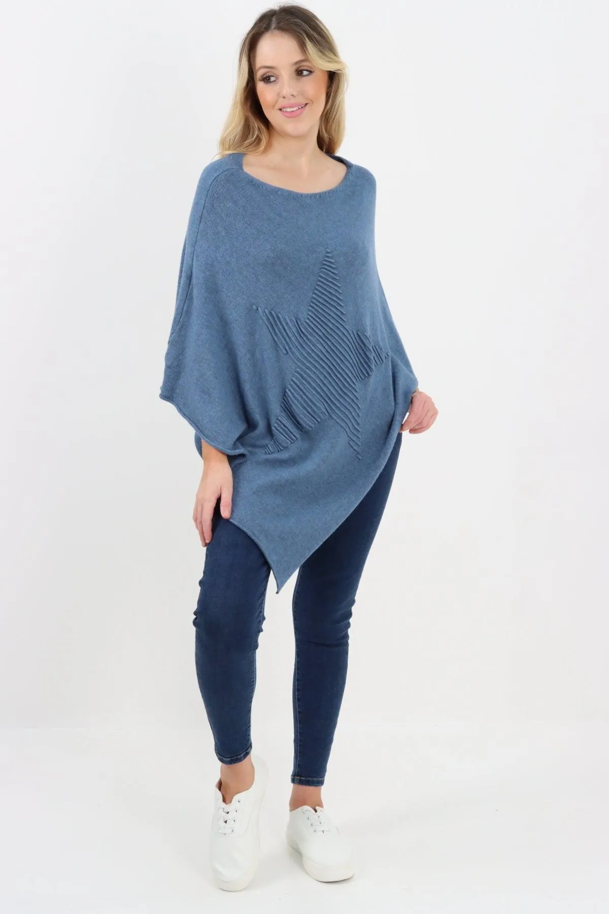 Made In Italy Star Ribbed Round Neck Poncho Top