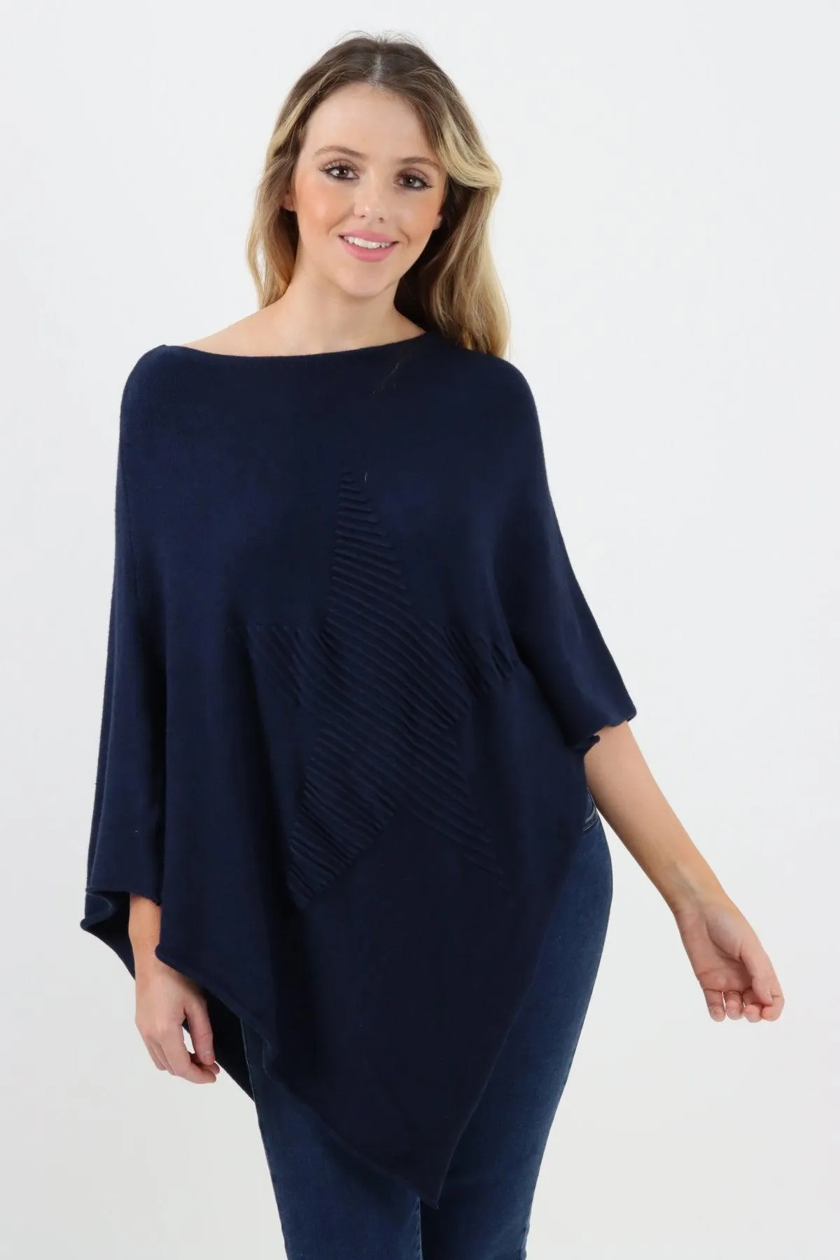 Made In Italy Star Ribbed Round Neck Poncho Top