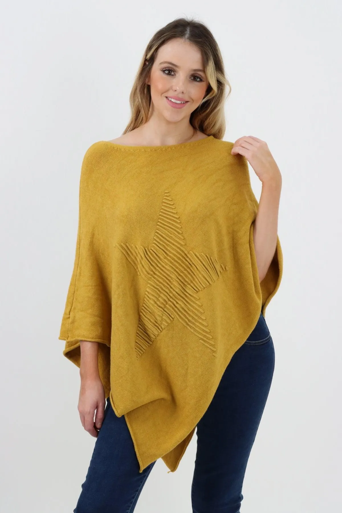 Made In Italy Star Ribbed Round Neck Poncho Top