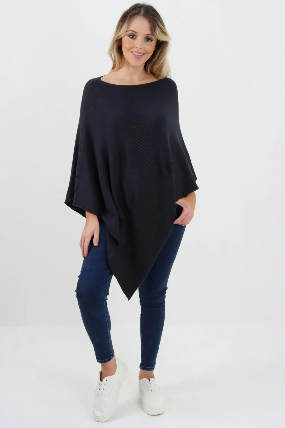 Made In Italy Star Ribbed Round Neck Poncho Top