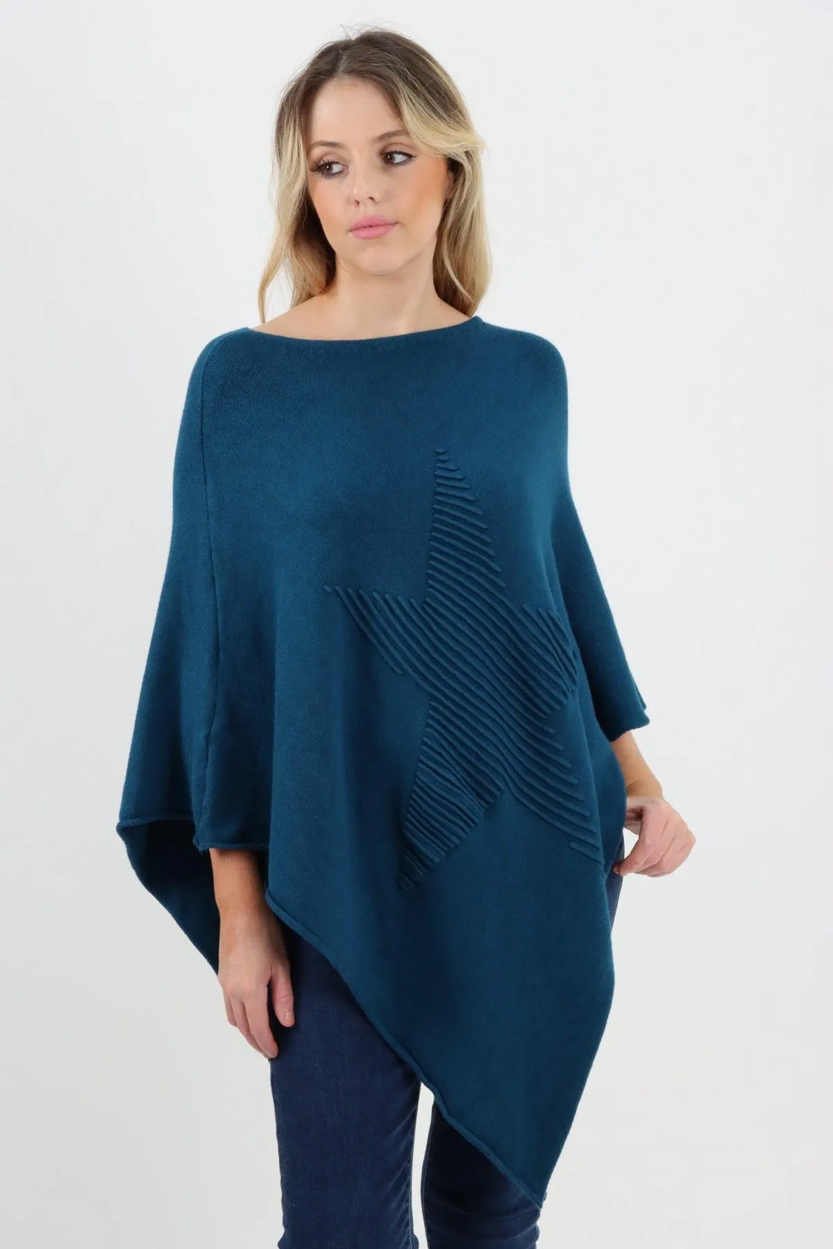 Made In Italy Star Ribbed Round Neck Poncho Top