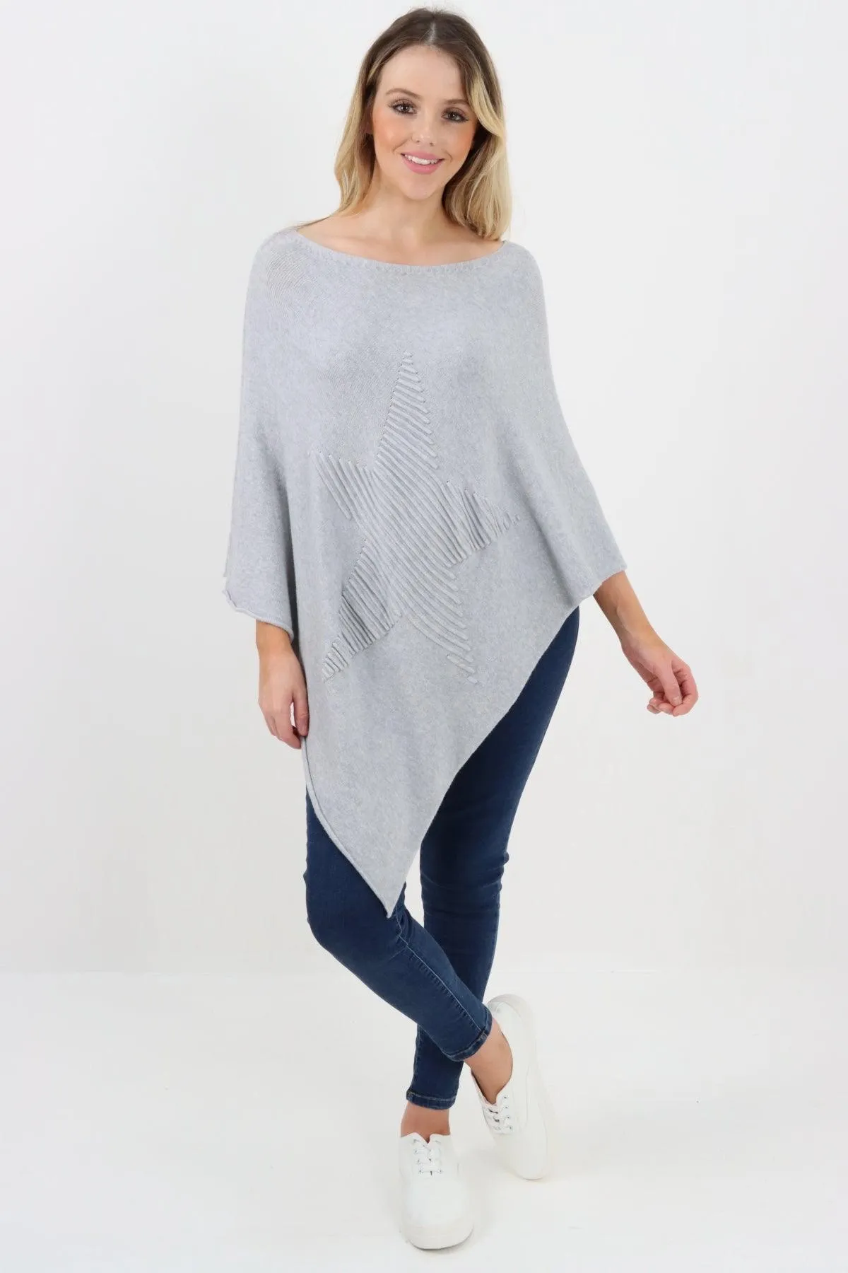 Made In Italy Star Ribbed Round Neck Poncho Top
