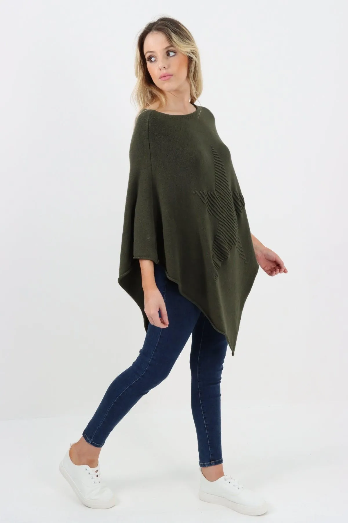 Made In Italy Star Ribbed Round Neck Poncho Top