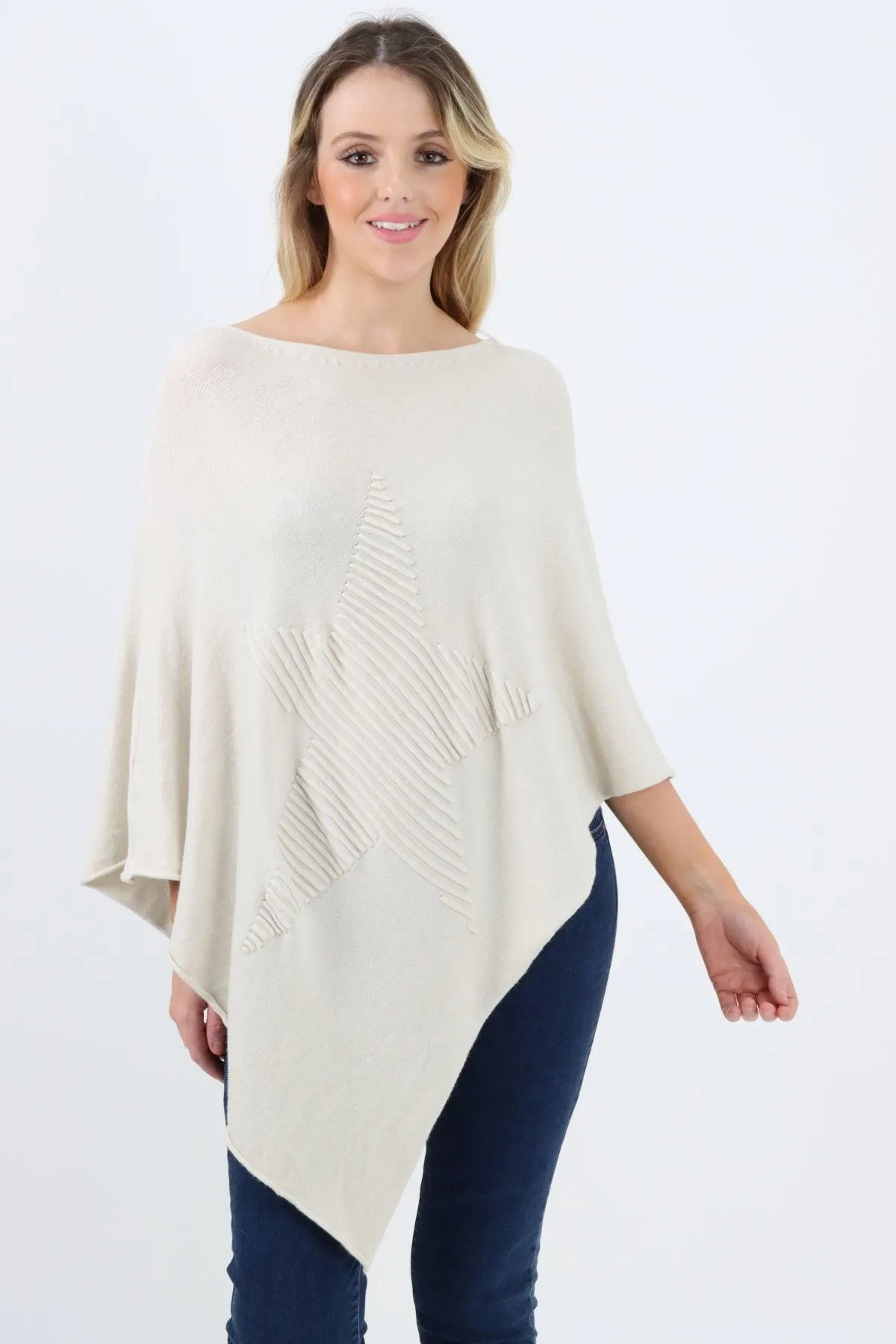 Made In Italy Star Ribbed Round Neck Poncho Top