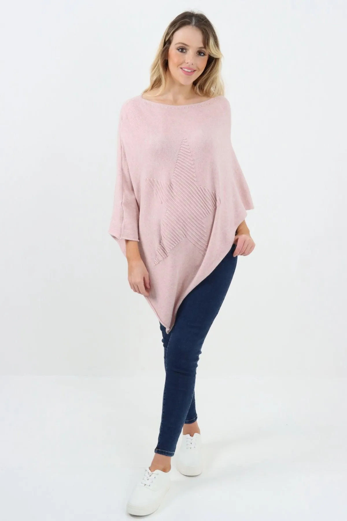 Made In Italy Star Ribbed Round Neck Poncho Top
