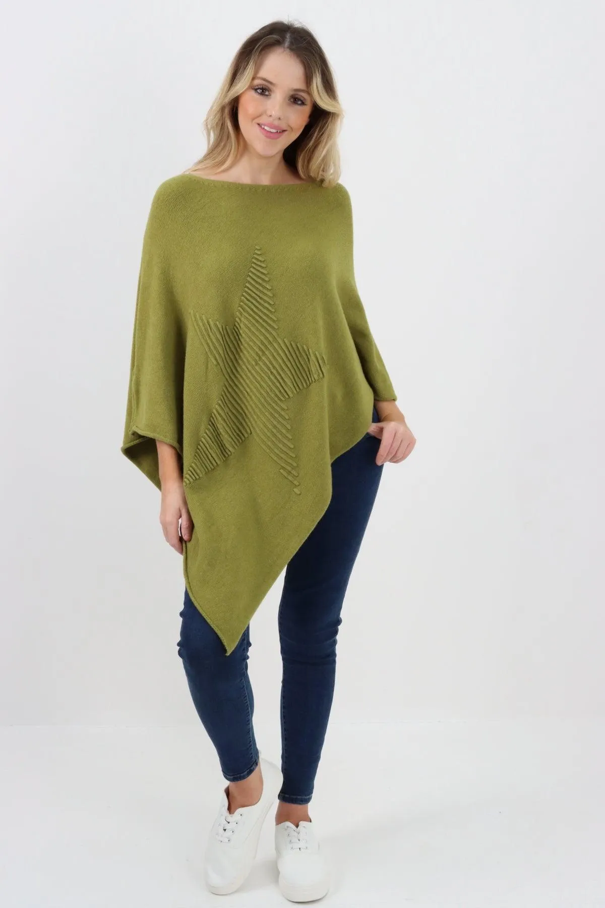 Made In Italy Star Ribbed Round Neck Poncho Top