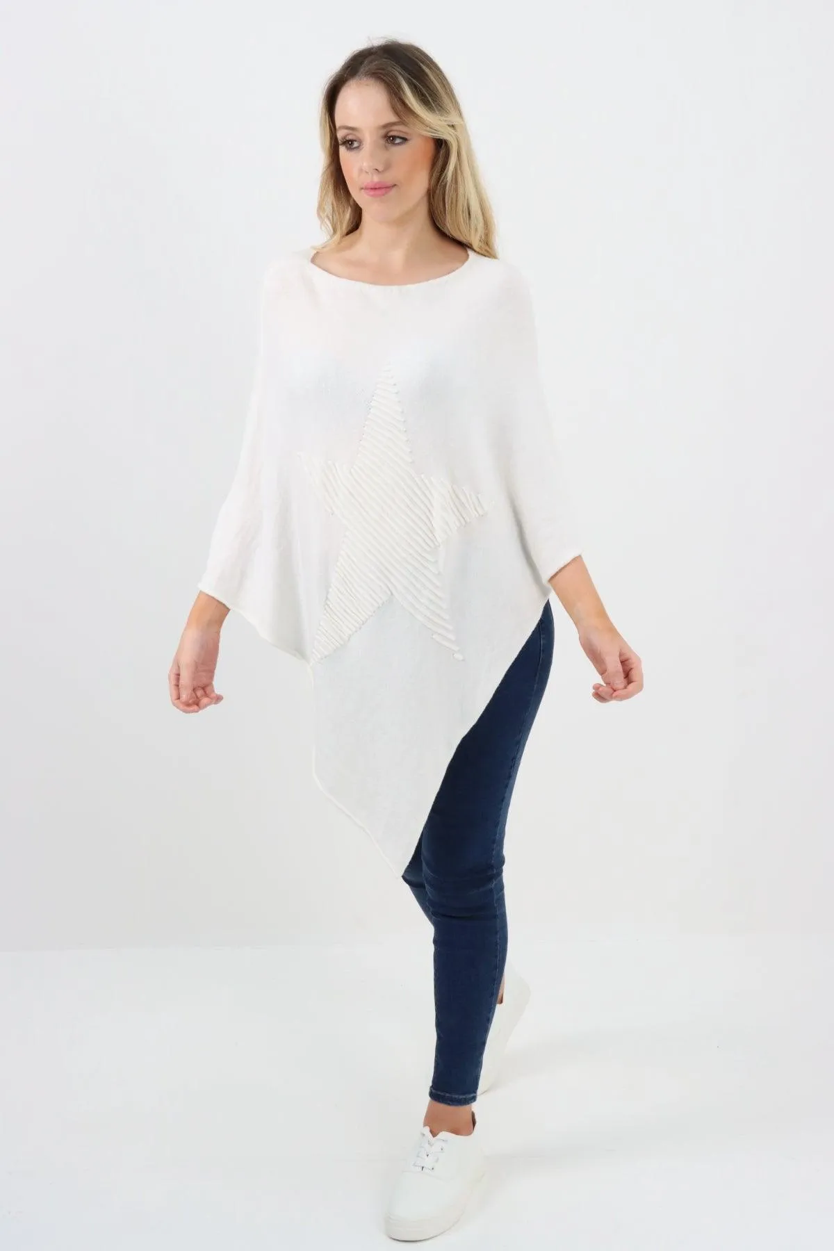 Made In Italy Star Ribbed Round Neck Poncho Top