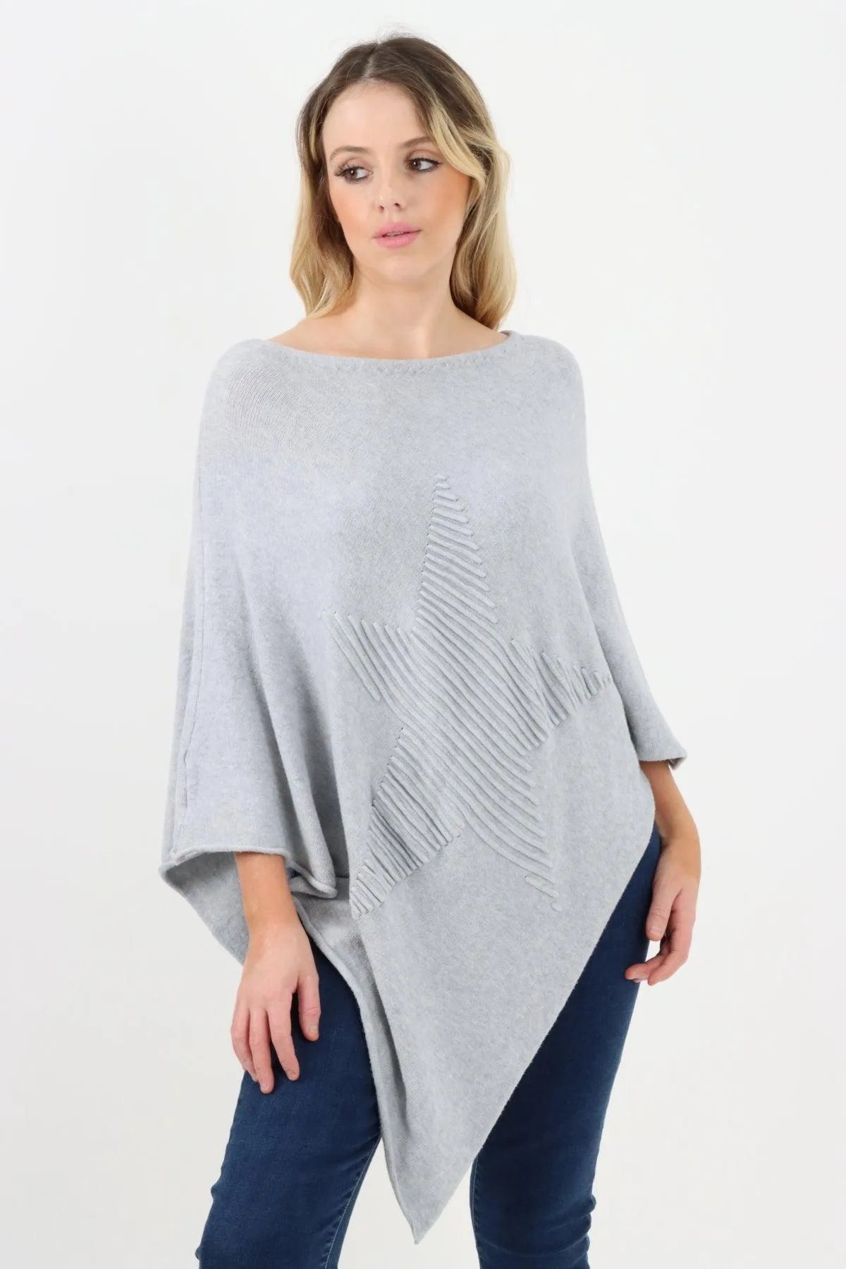 Made In Italy Star Ribbed Round Neck Poncho Top