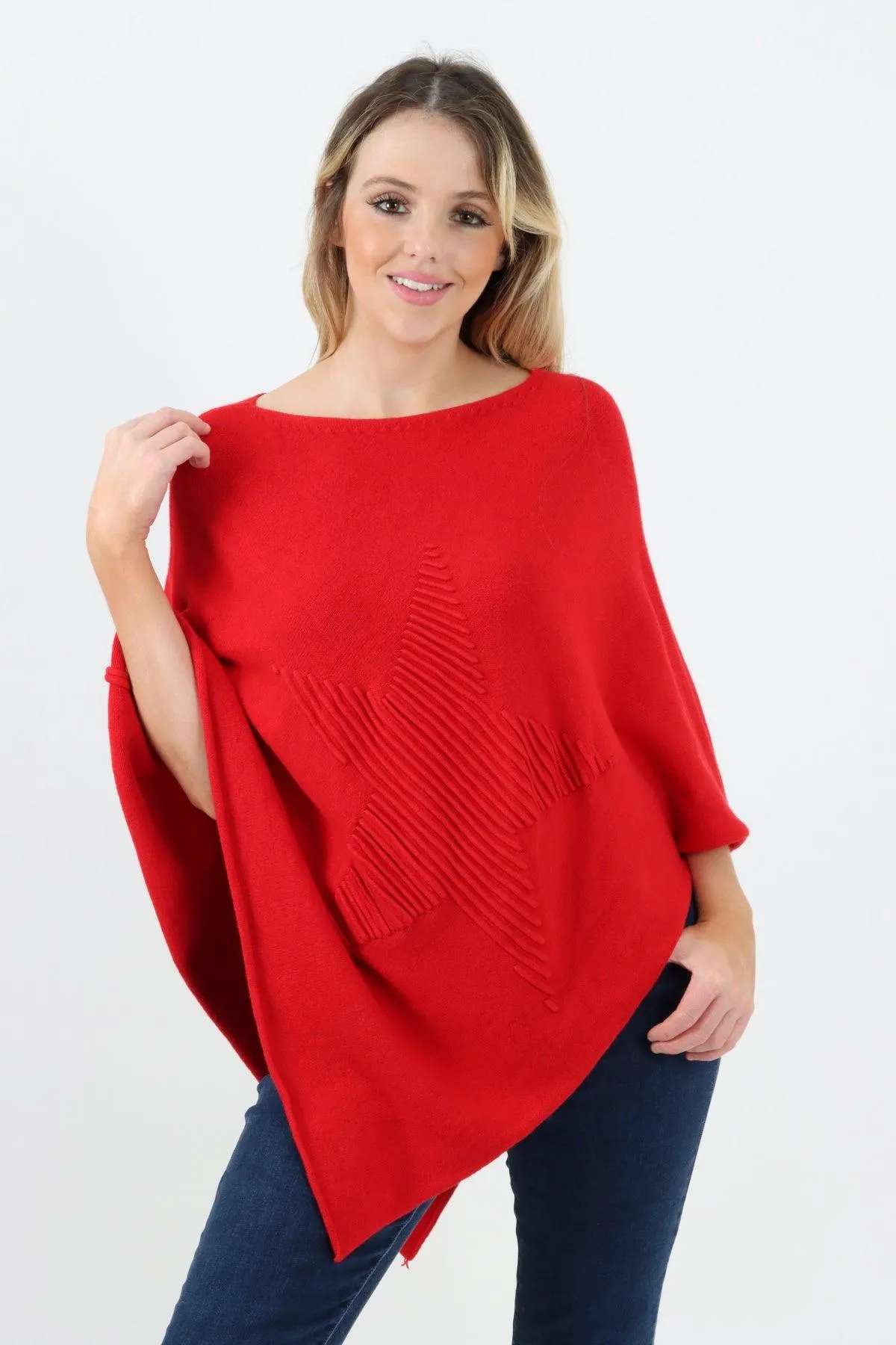 Made In Italy Star Ribbed Round Neck Poncho Top