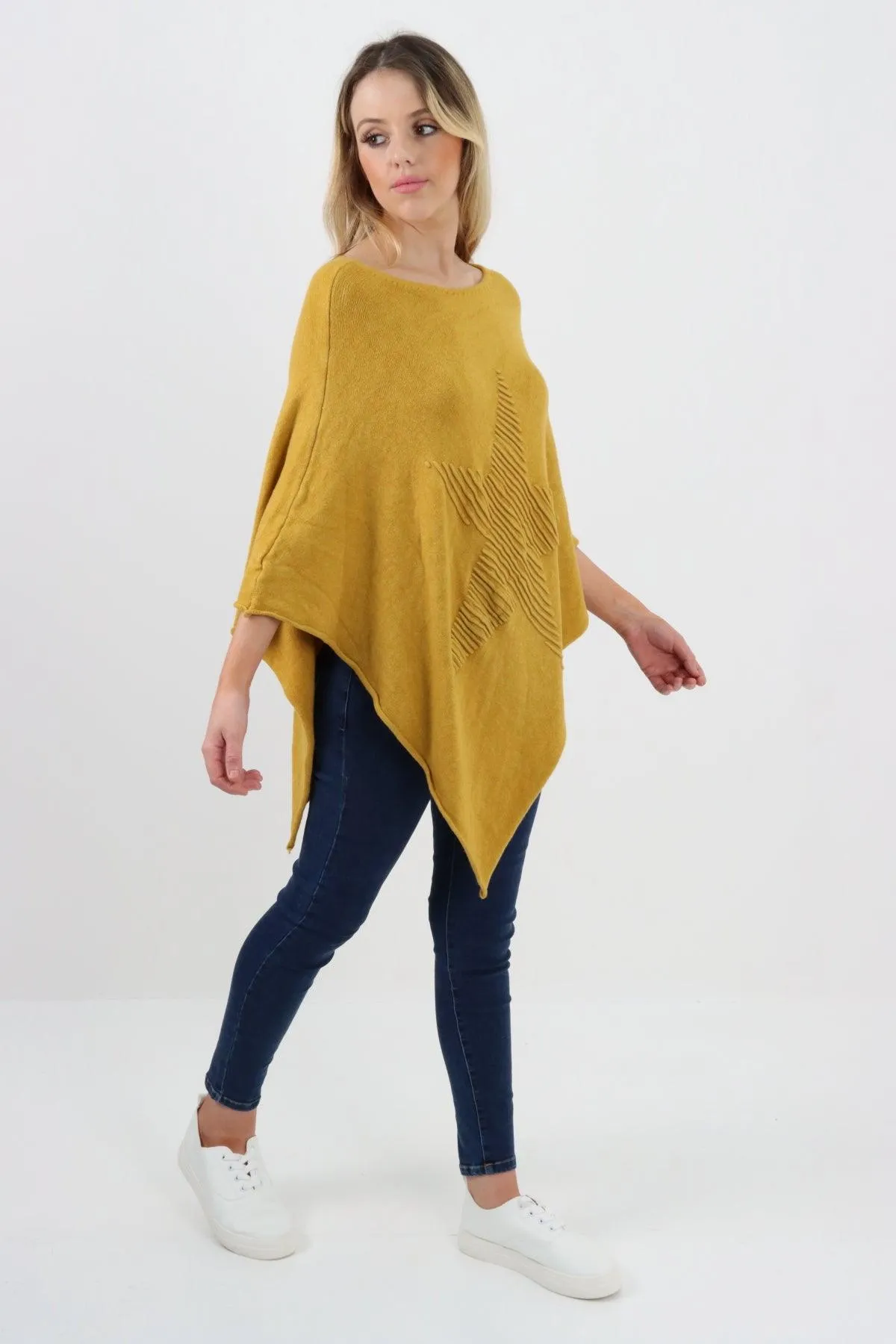 Made In Italy Star Ribbed Round Neck Poncho Top