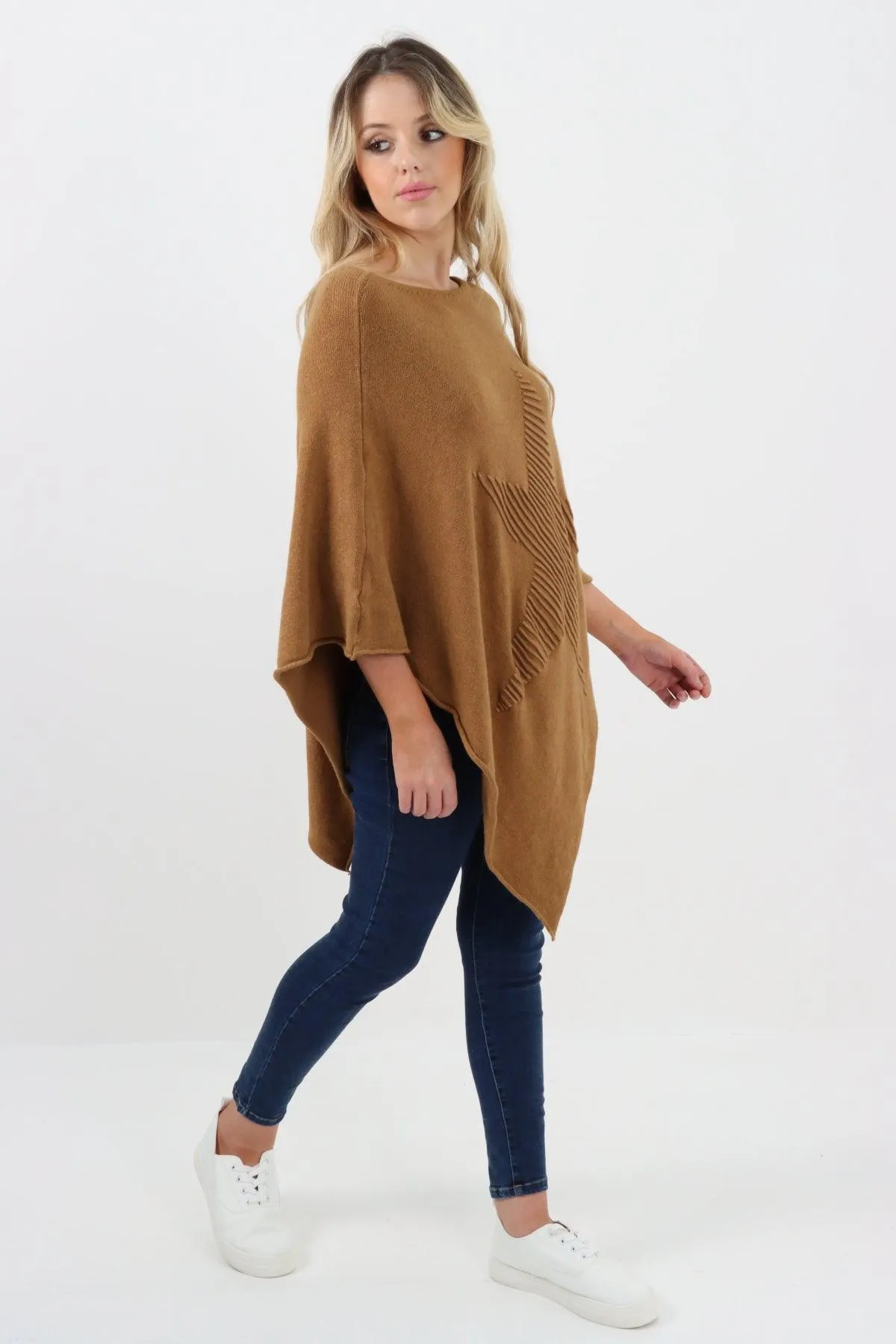 Made In Italy Star Ribbed Round Neck Poncho Top