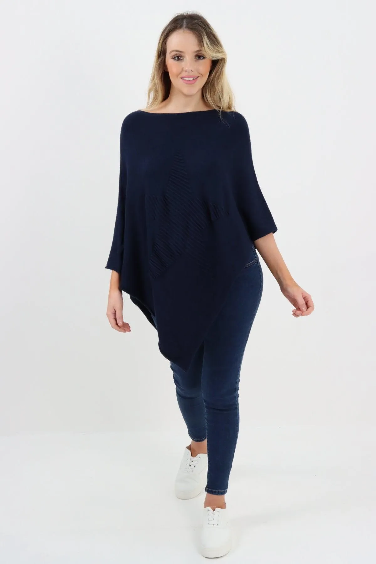 Made In Italy Star Ribbed Round Neck Poncho Top