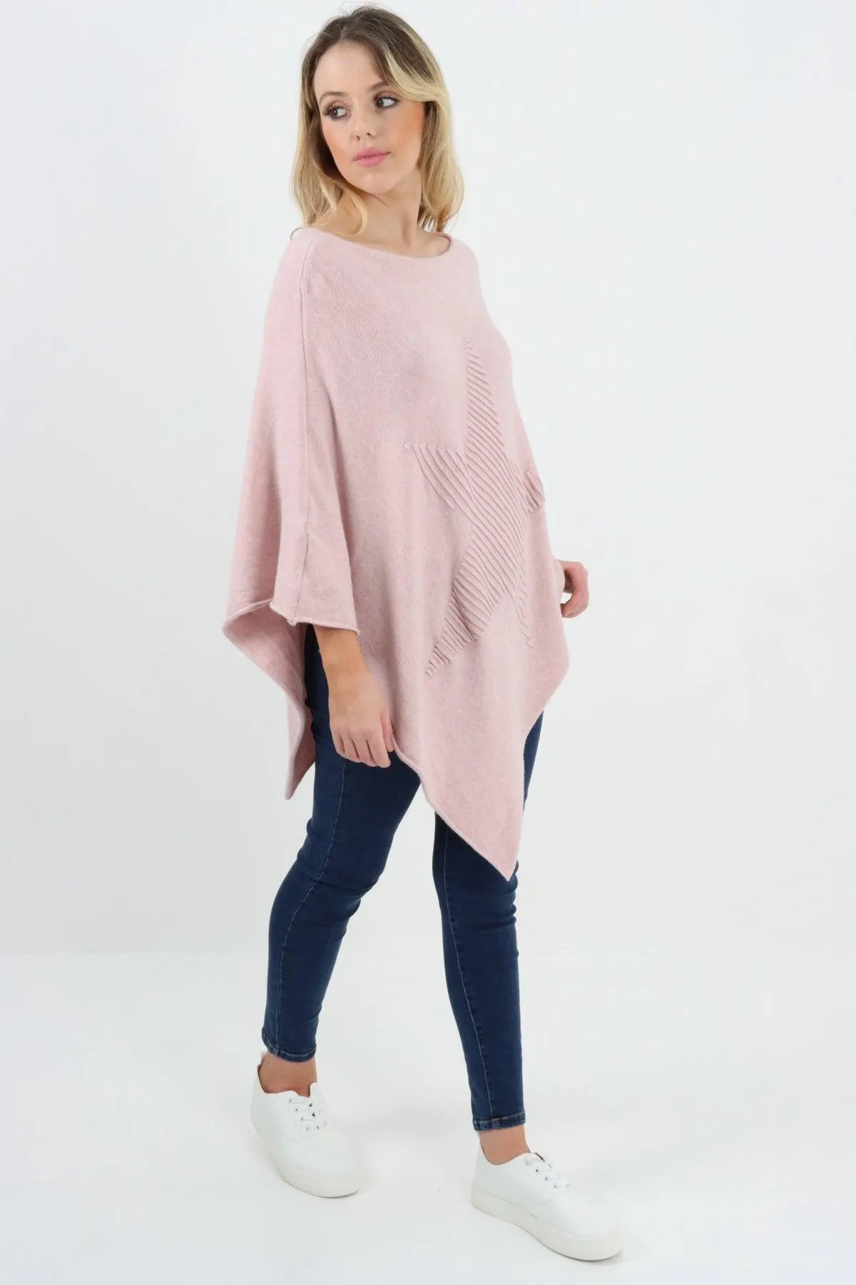 Made In Italy Star Ribbed Round Neck Poncho Top