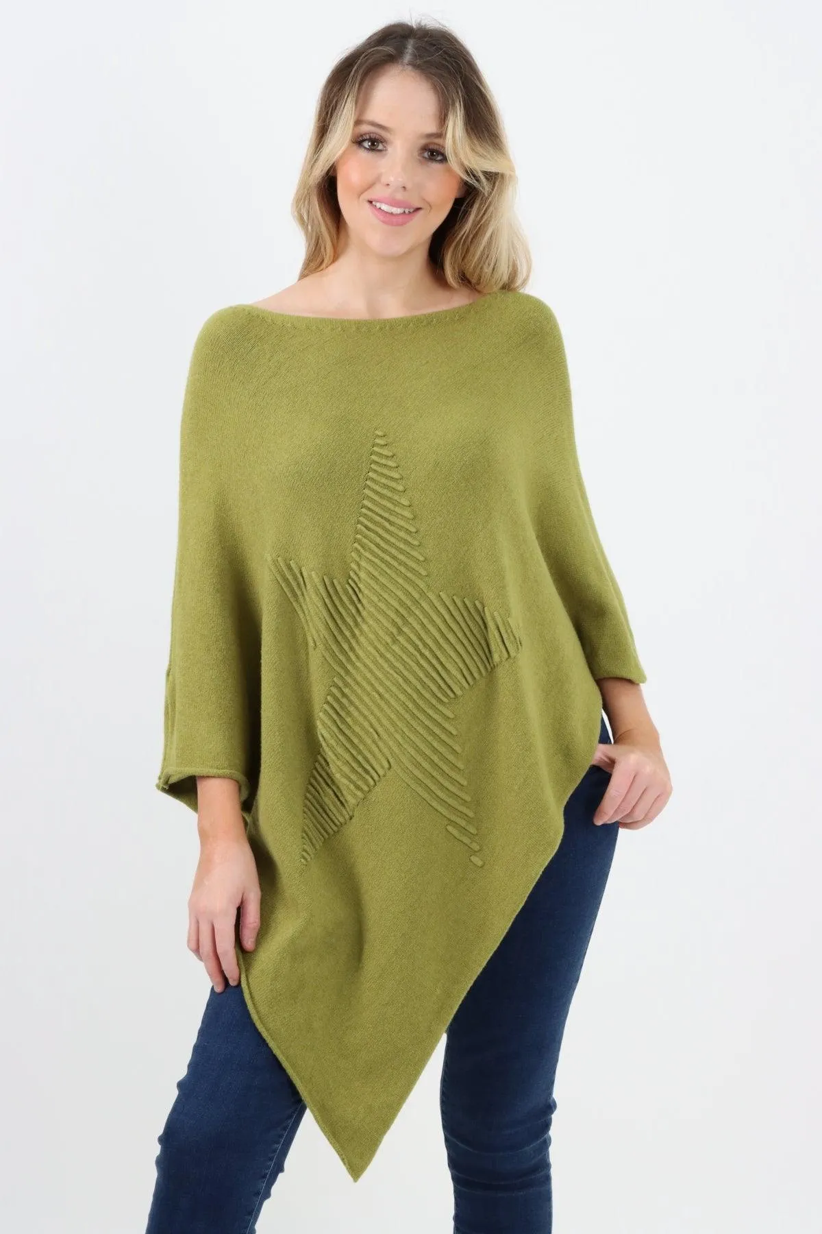 Made In Italy Star Ribbed Round Neck Poncho Top