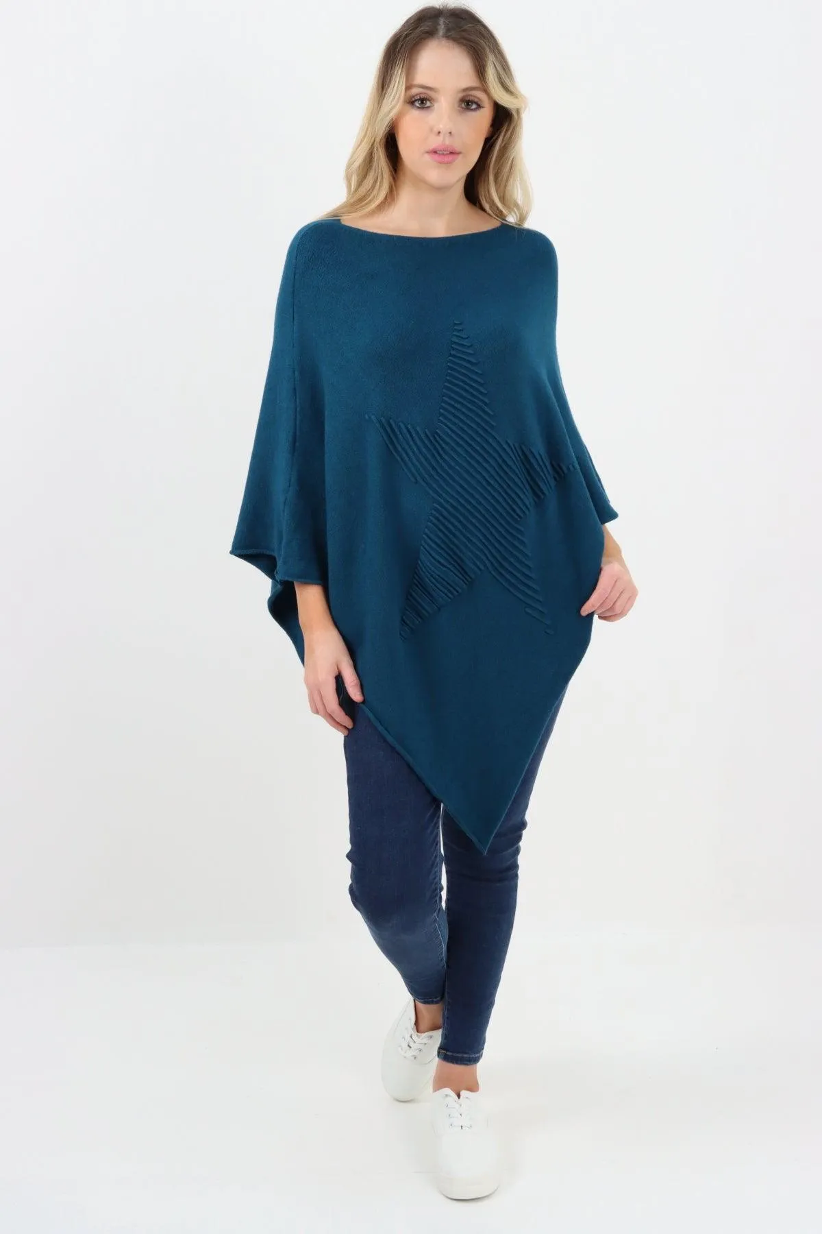 Made In Italy Star Ribbed Round Neck Poncho Top