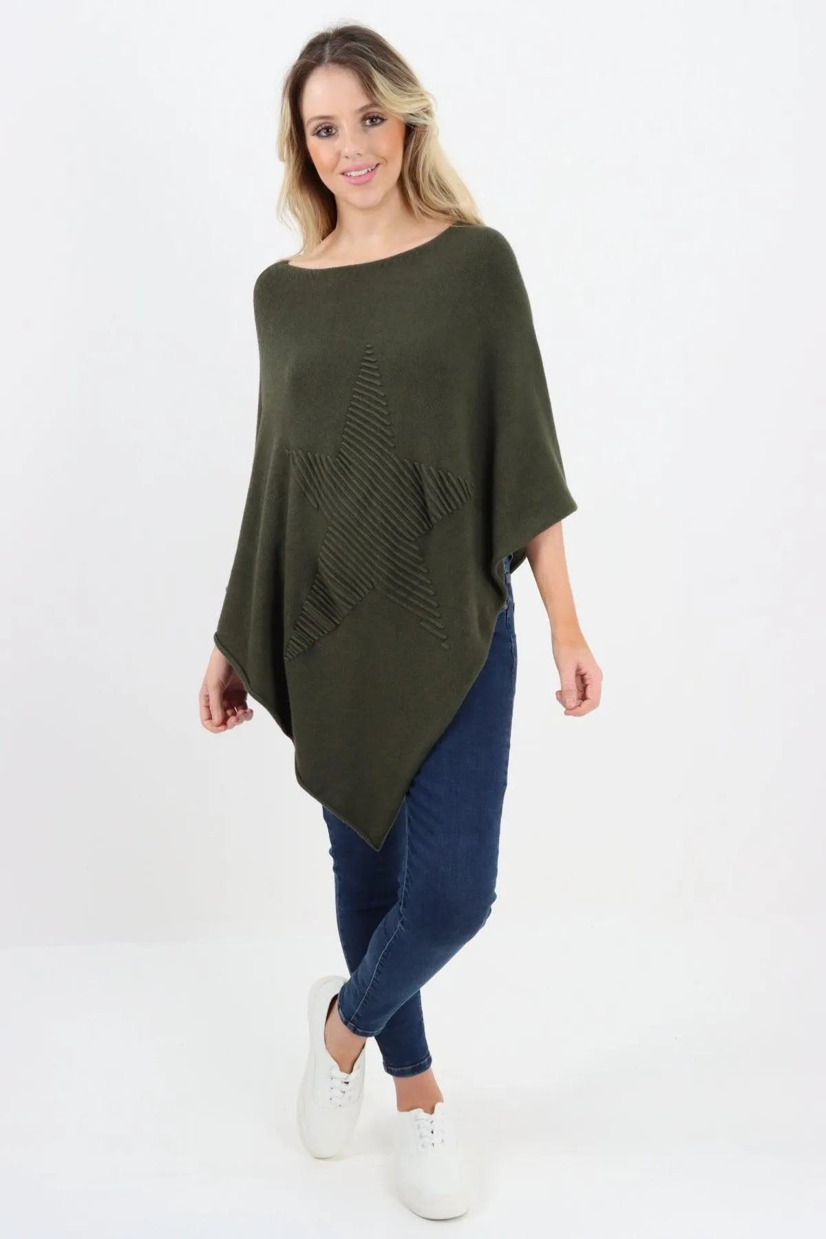 Made In Italy Star Ribbed Round Neck Poncho Top