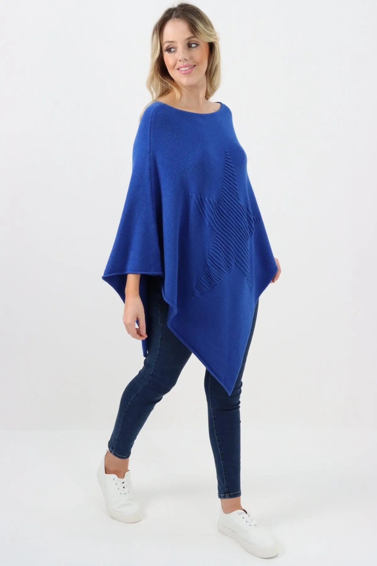 Made In Italy Star Ribbed Round Neck Poncho Top