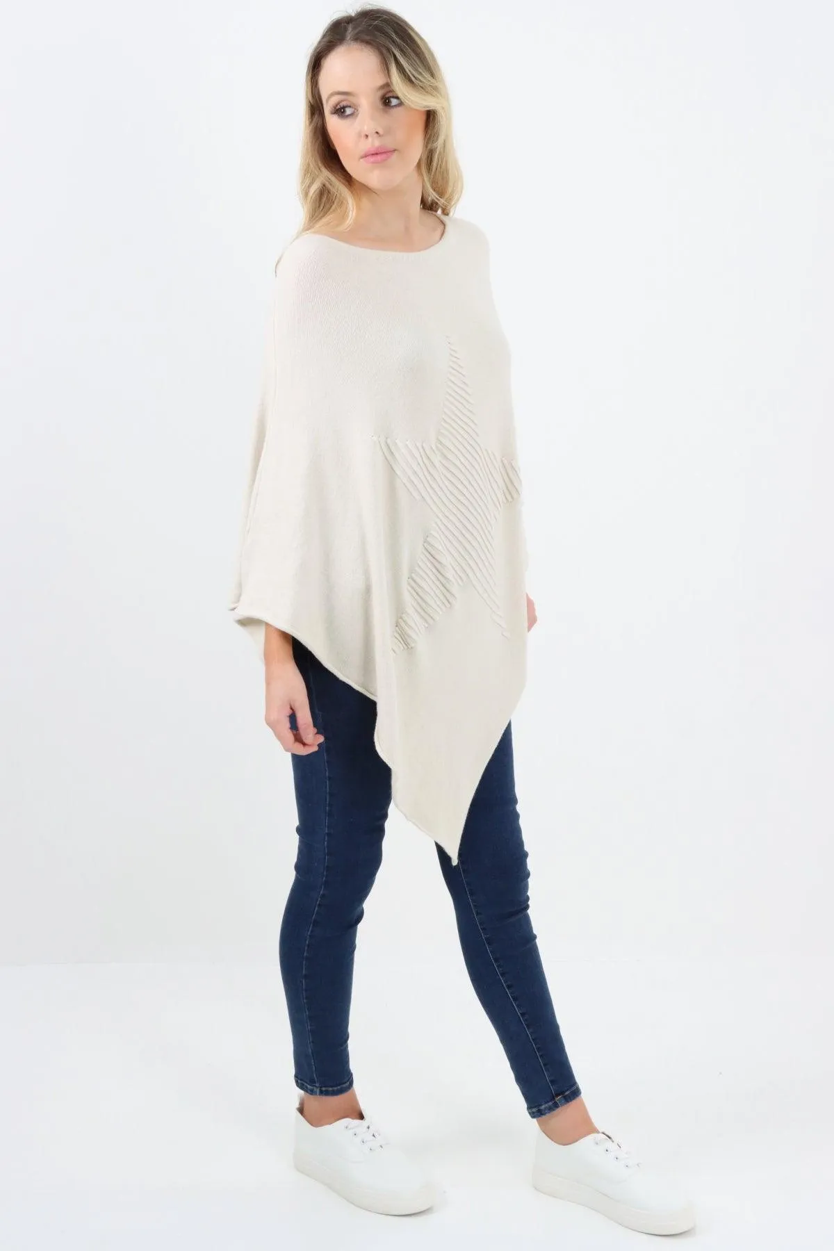 Made In Italy Star Ribbed Round Neck Poncho Top