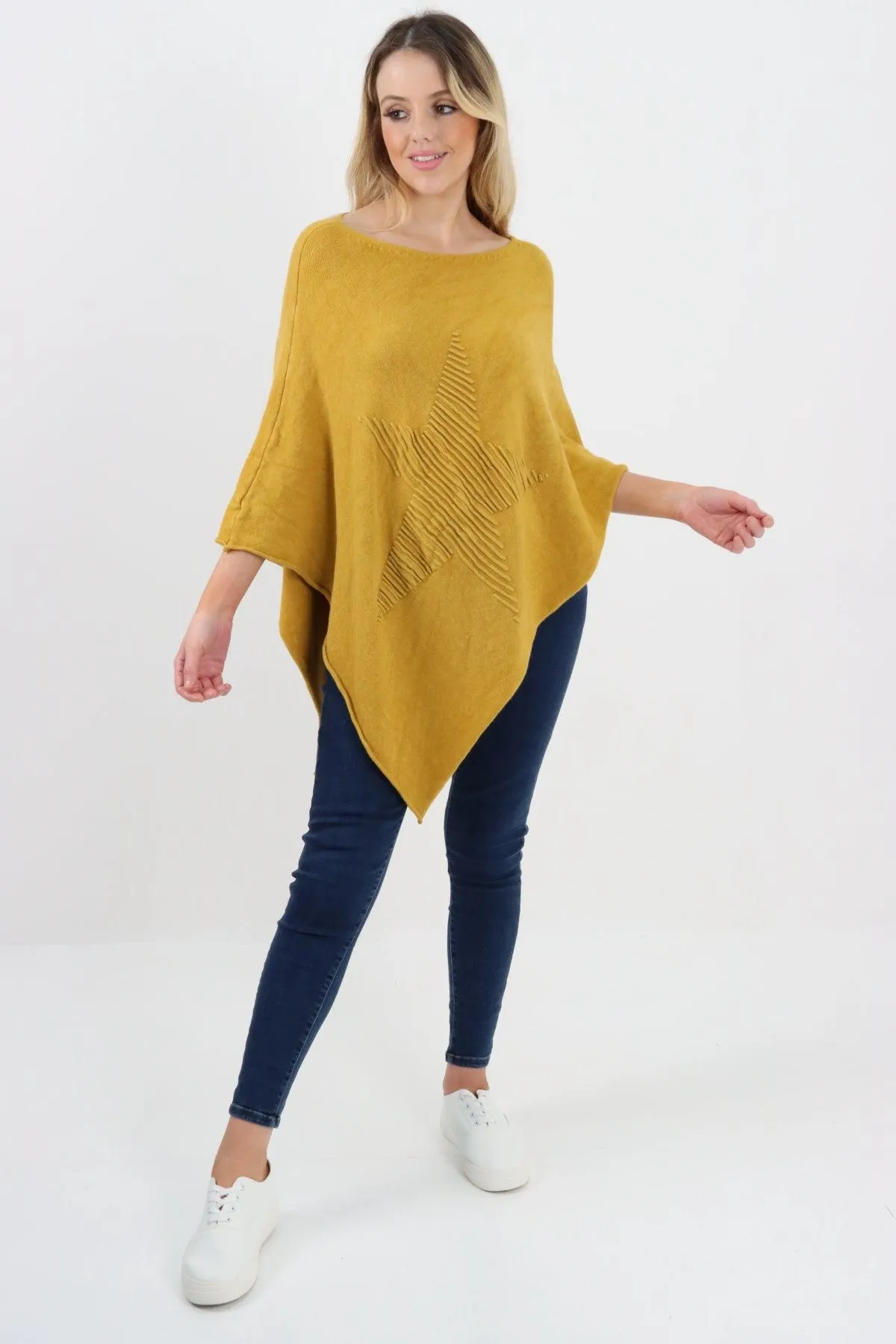 Made In Italy Star Ribbed Round Neck Poncho Top