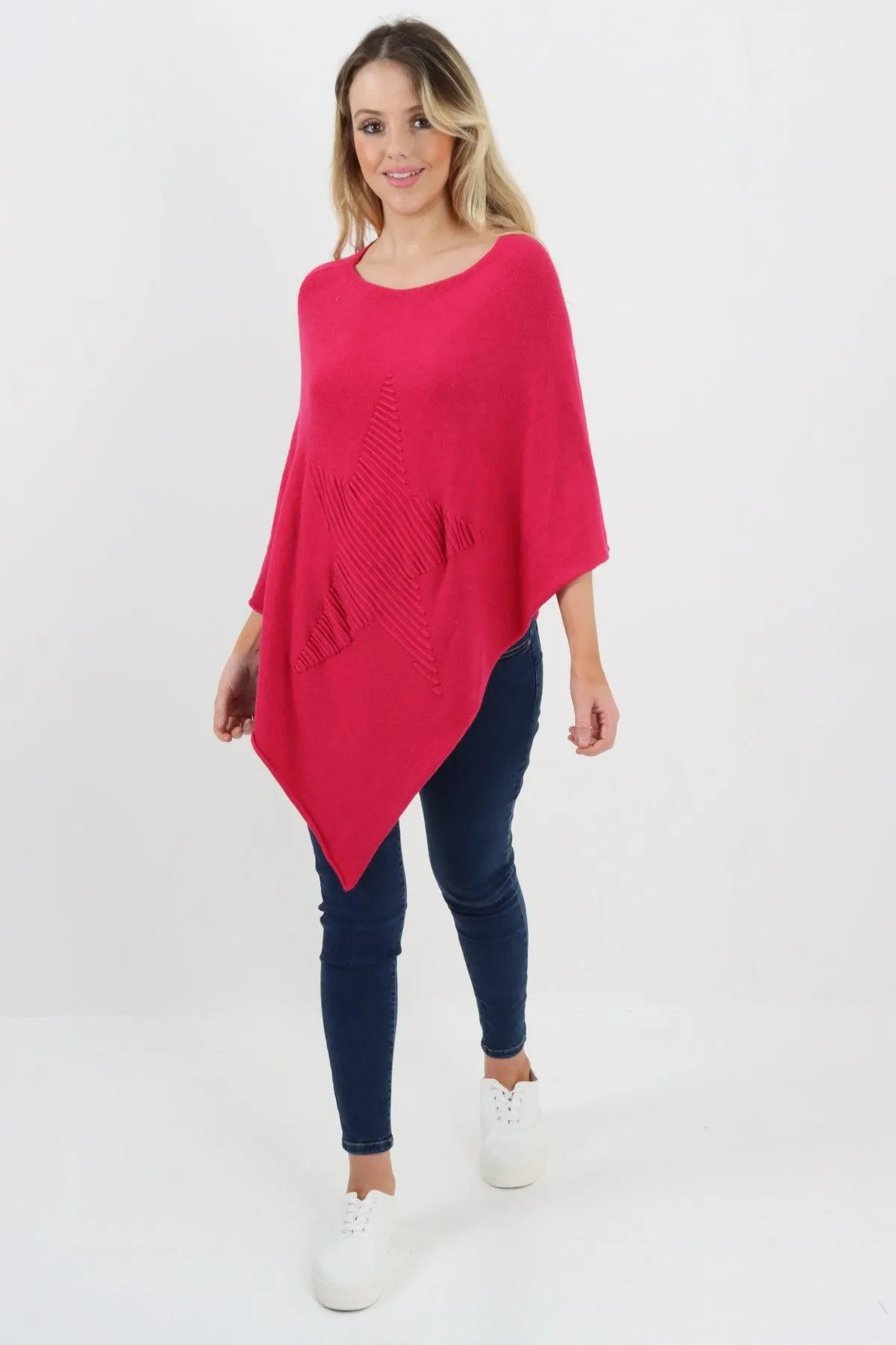 Made In Italy Star Ribbed Round Neck Poncho Top