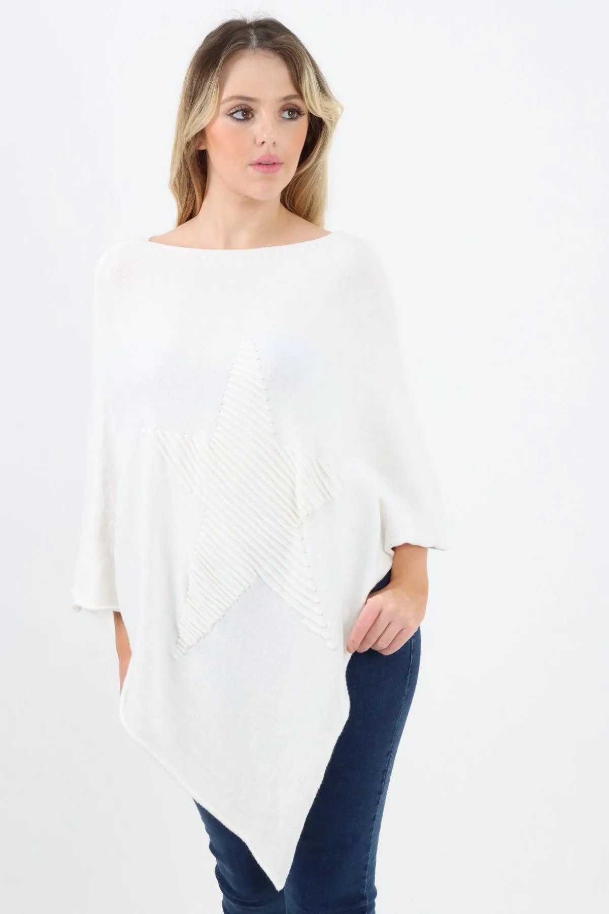 Made In Italy Star Ribbed Round Neck Poncho Top