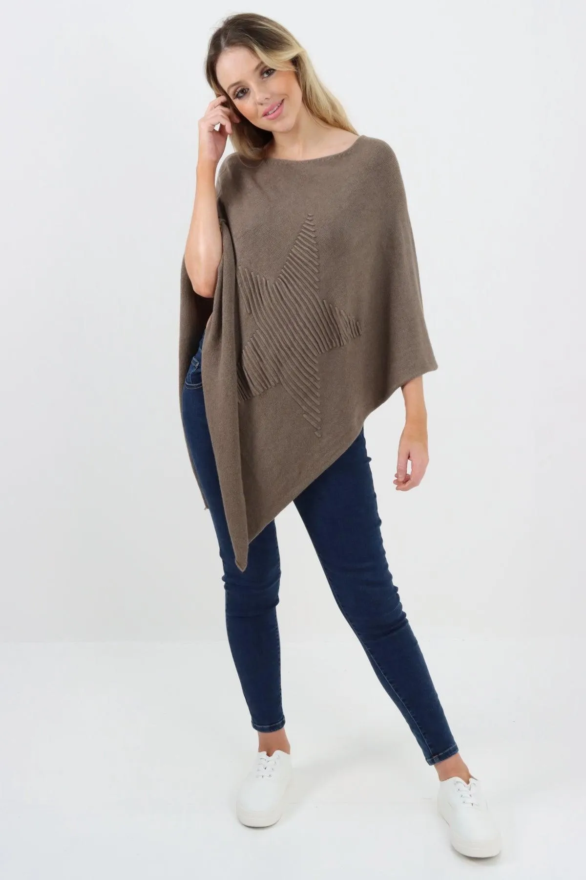 Made In Italy Star Ribbed Round Neck Poncho Top