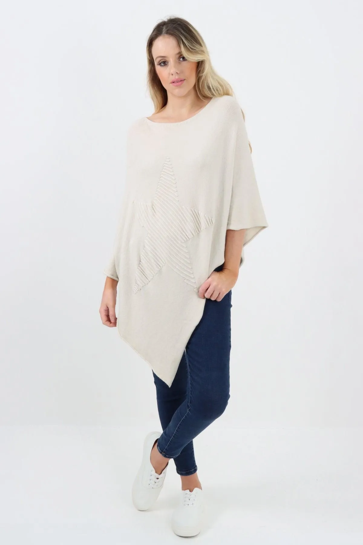 Made In Italy Star Ribbed Round Neck Poncho Top