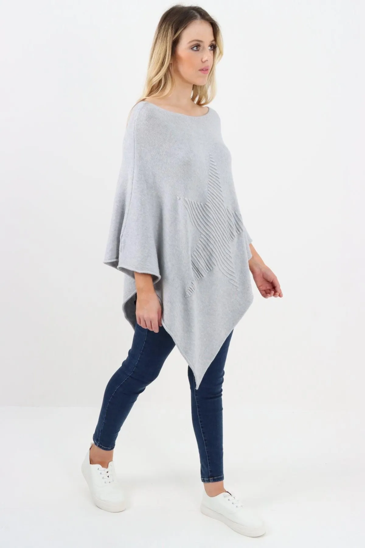 Made In Italy Star Ribbed Round Neck Poncho Top