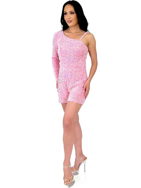 Marc Defang 8048 Velvet Sequin Romper One Shoulder Long Sleeve Fun Fashion