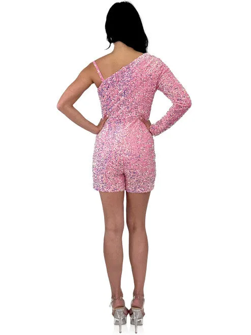 Marc Defang 8048 Velvet Sequin Romper One Shoulder Long Sleeve Fun Fashion