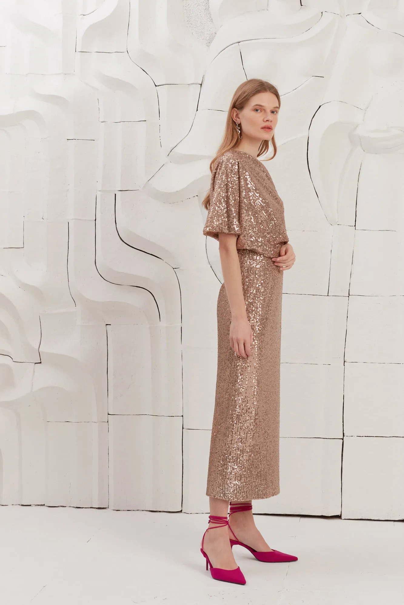 MARGO nude sequin asymmetric evening dress