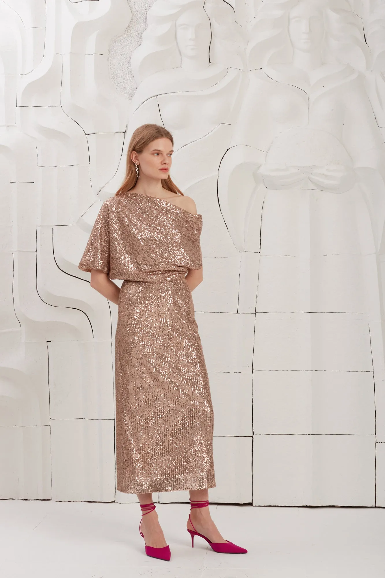 MARGO nude sequin asymmetric evening dress