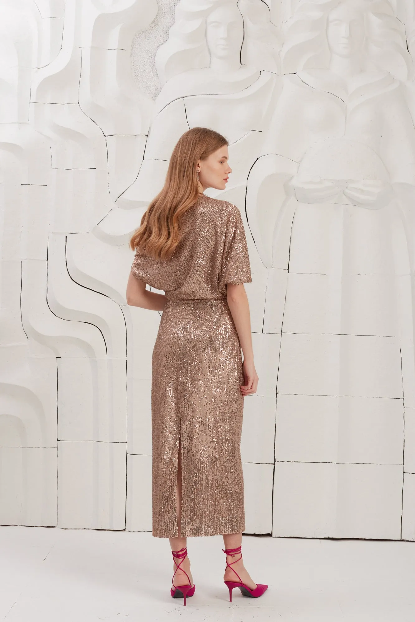 MARGO nude sequin asymmetric evening dress