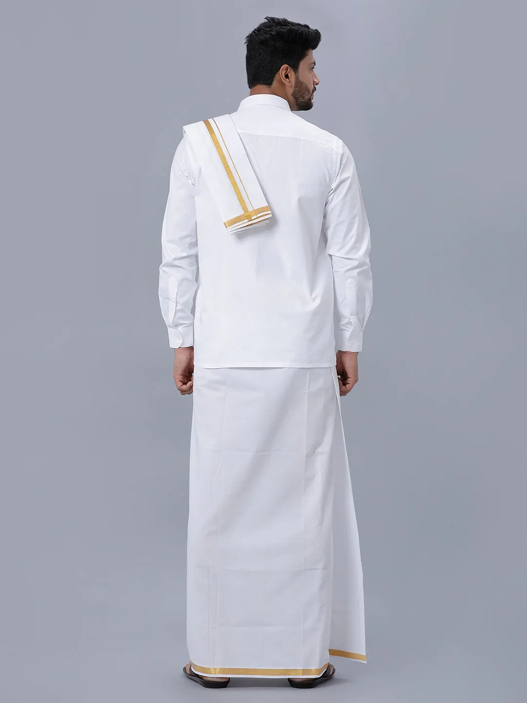 Men 100% Cotton White Full Sleeves Shirt with 3/4'' inch Jari Double Dhoti & Towel Combo