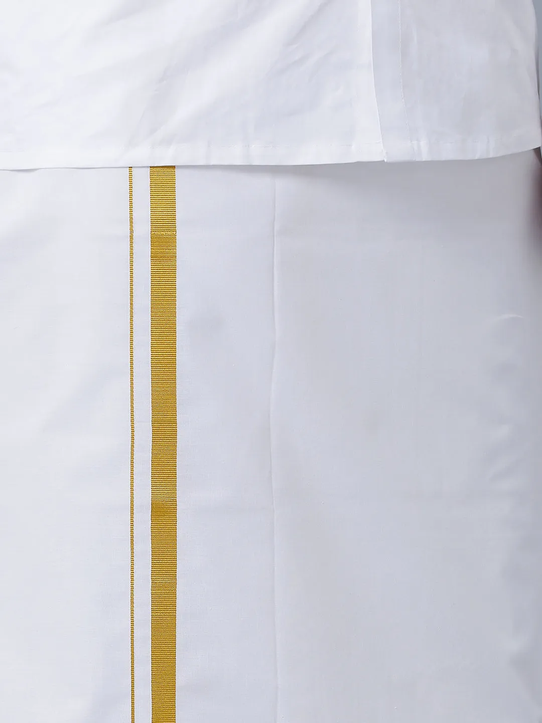 Men 100% Cotton White Full Sleeves Shirt with 3/4'' inch Jari Double Dhoti & Towel Combo