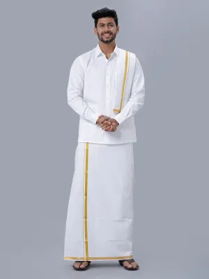 Men 100% Cotton White Full Sleeves Shirt with 3/4'' inch Jari Double Dhoti & Towel Combo