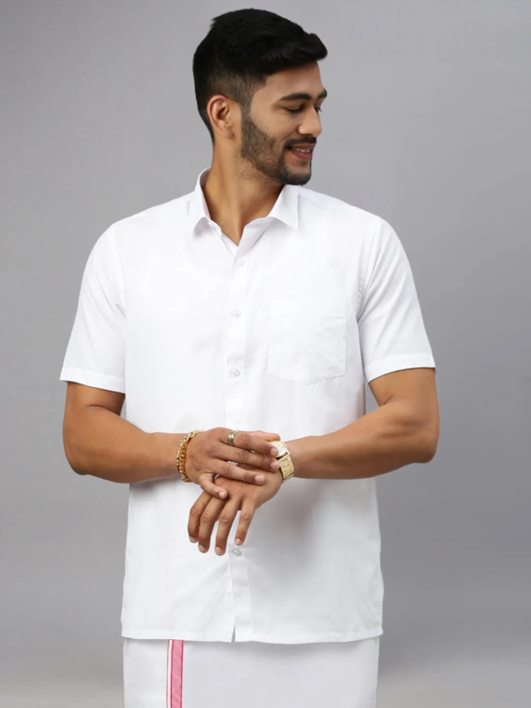 Men White Shirt with Pink Fancy Border Dhoti Combo WP19