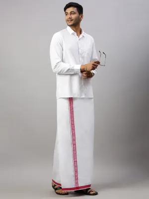 Men White Shirt with Pink Fancy Border Dhoti Combo WP19