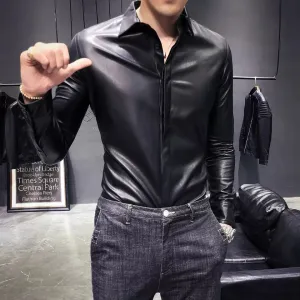 Men’s Slim Fit Black Sheepskin Leather Formal Shirt