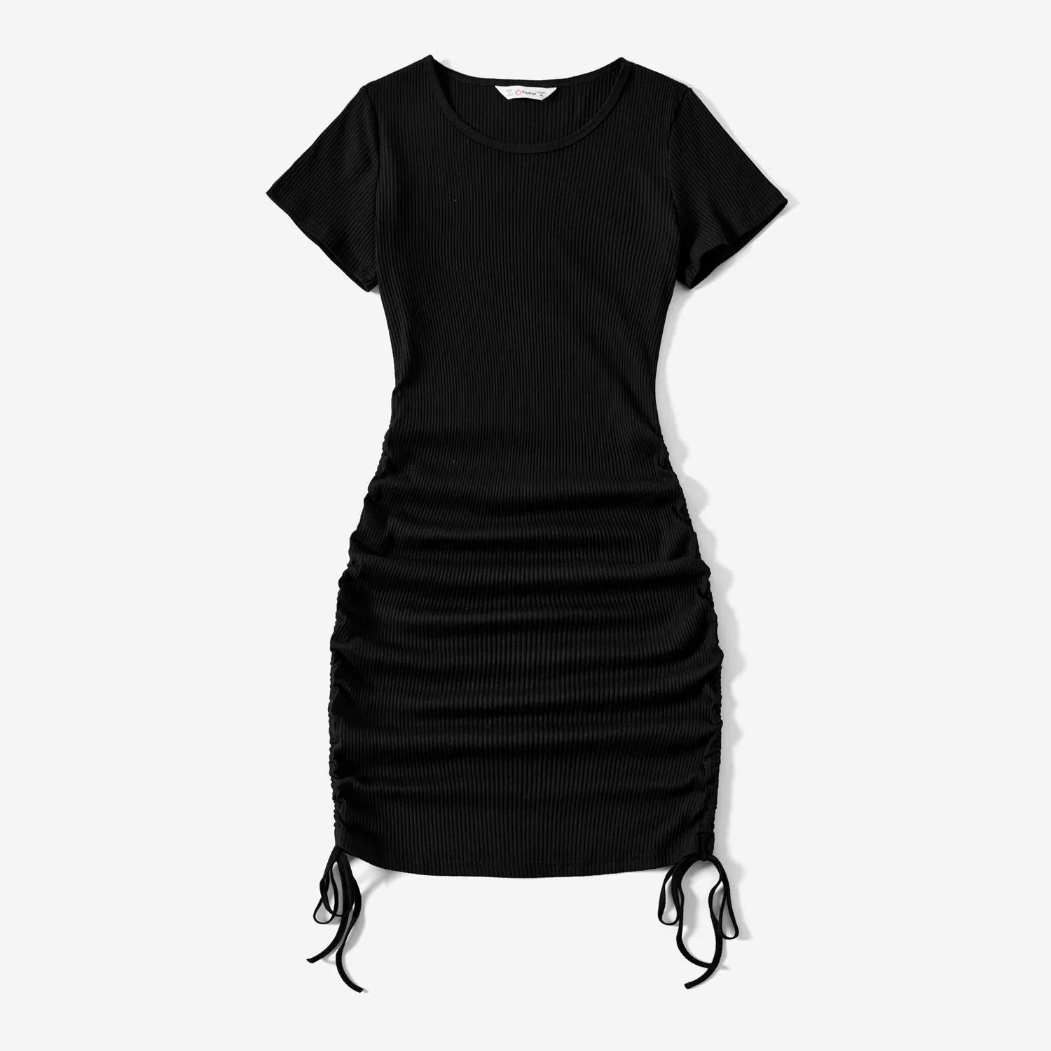 Mommy and Me Black Drawstring Ruched Side Short-sleeve Cotton Ribbed Dresses