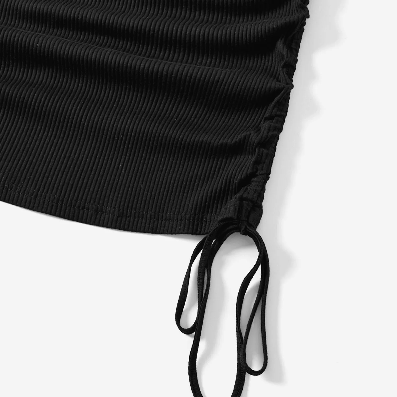 Mommy and Me Black Drawstring Ruched Side Short-sleeve Cotton Ribbed Dresses