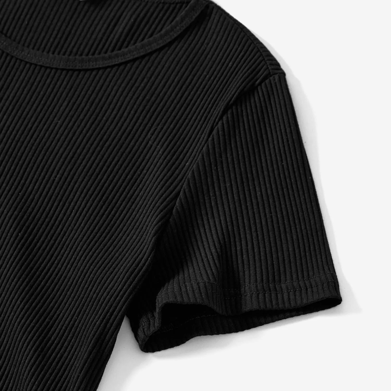 Mommy and Me Black Drawstring Ruched Side Short-sleeve Cotton Ribbed Dresses