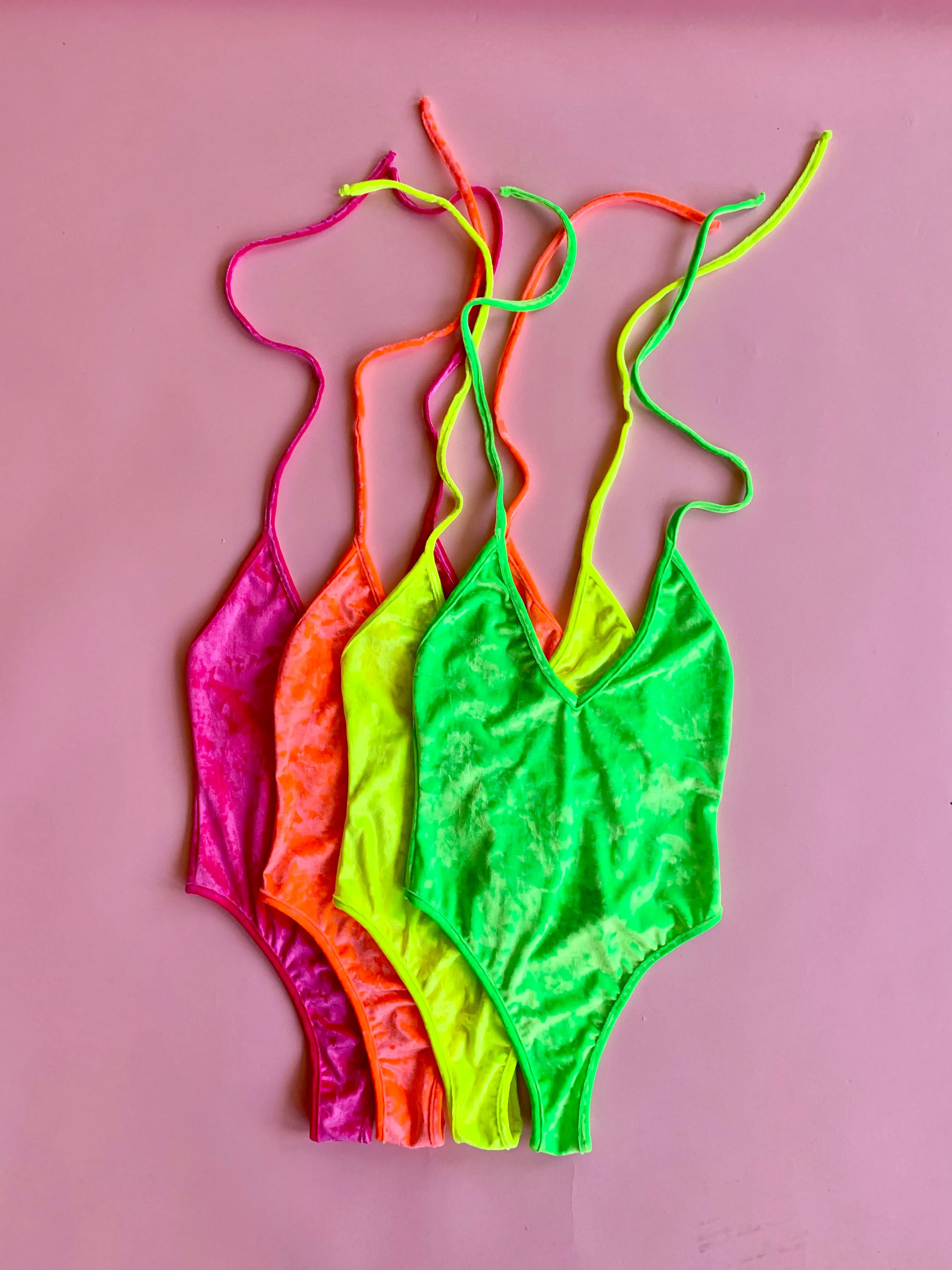 Neon Crushed Velvet High Cut Halter Bodysuit in Green