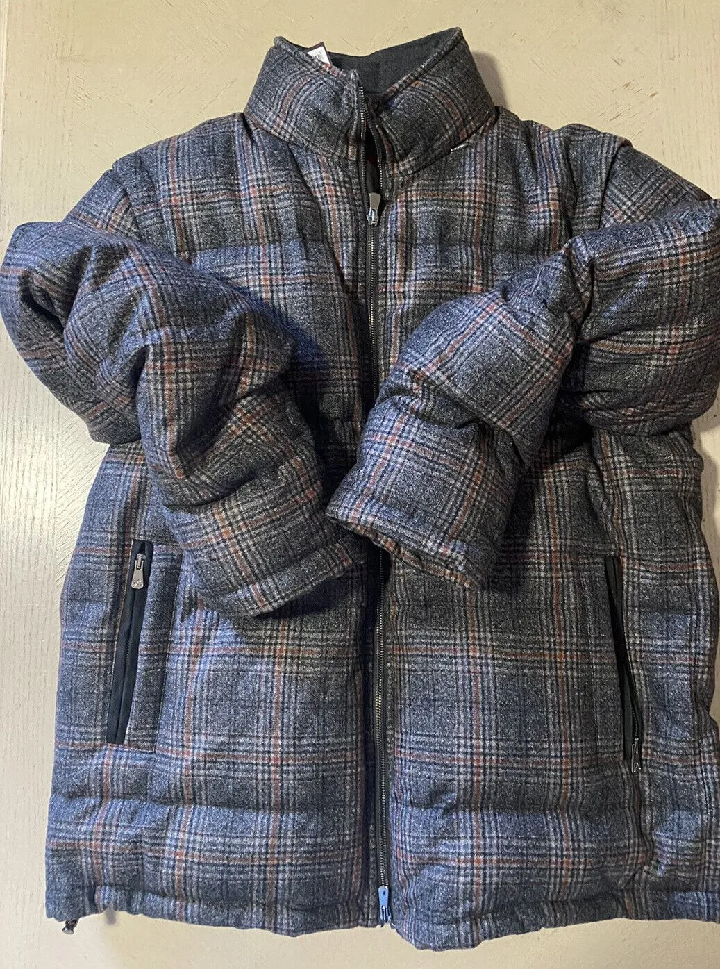 New $3250 Isaia Glen Plaid Puffer Jacket  Vest Coat Charcoal 42 US/52 Eu Italy