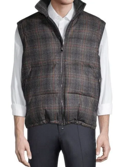 New $3250 Isaia Glen Plaid Puffer Jacket  Vest Coat Charcoal 42 US/52 Eu Italy